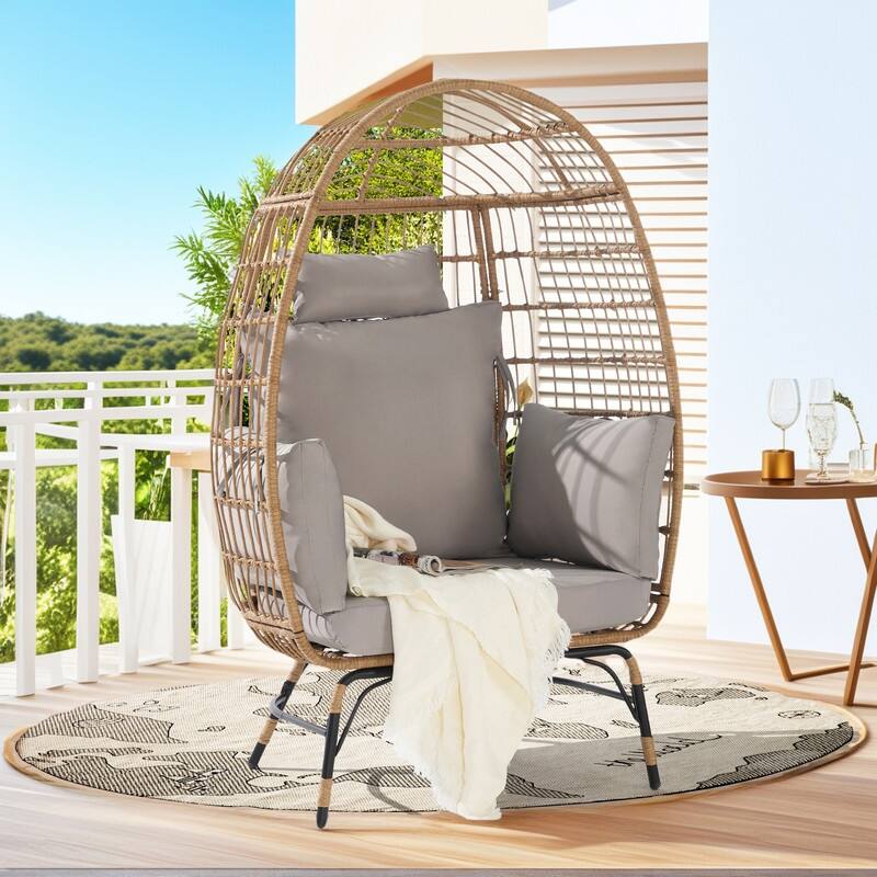 Luxury All-Weather Egg Chair, Oversized Rattan Hanging Chair for Patio, Balcony & Backyard, 6" Thick Fade-Resistant Cushions