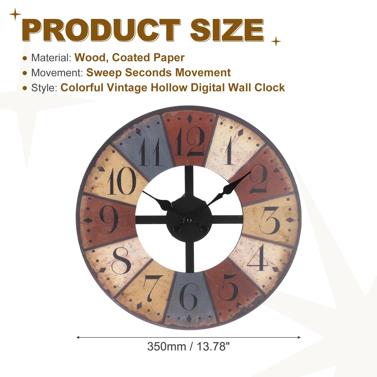 Vintage Wall Clock, Wooden Finish Clock with Roman / Arabic Numerals, Battery Operated Easy Install