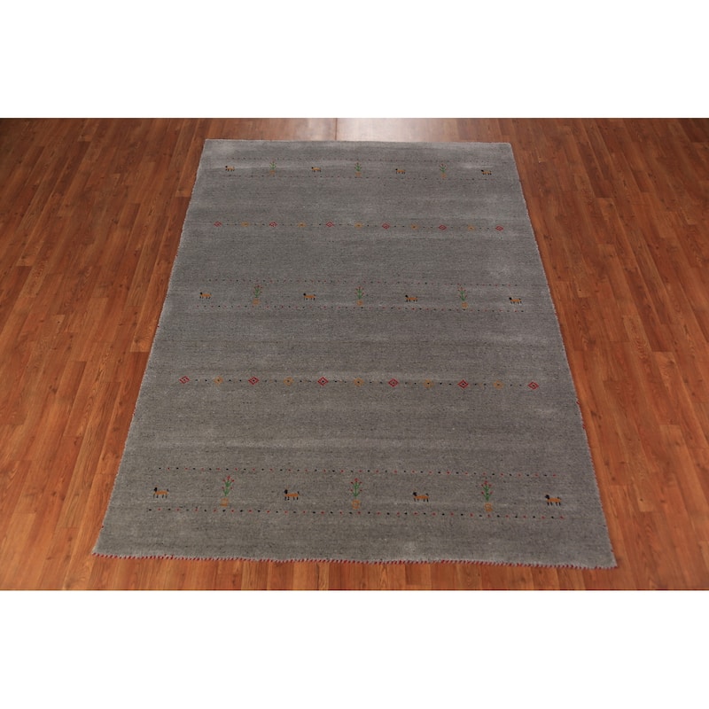 Tribal Gabbeh Area Rug Handmade Grey Wool Carpet - 5'8" x 7'8"