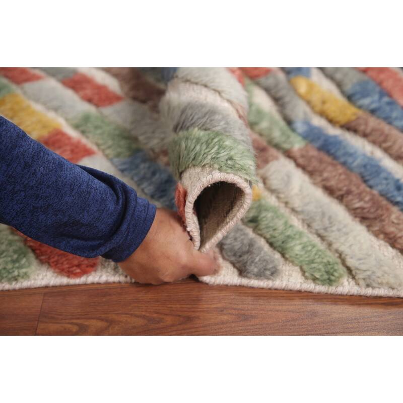Hand Knotted Oriental 100% Wool Carpet Modern Stripe Multi-Colored Abstract Area Rug - 7' 9'' X 5' 8''