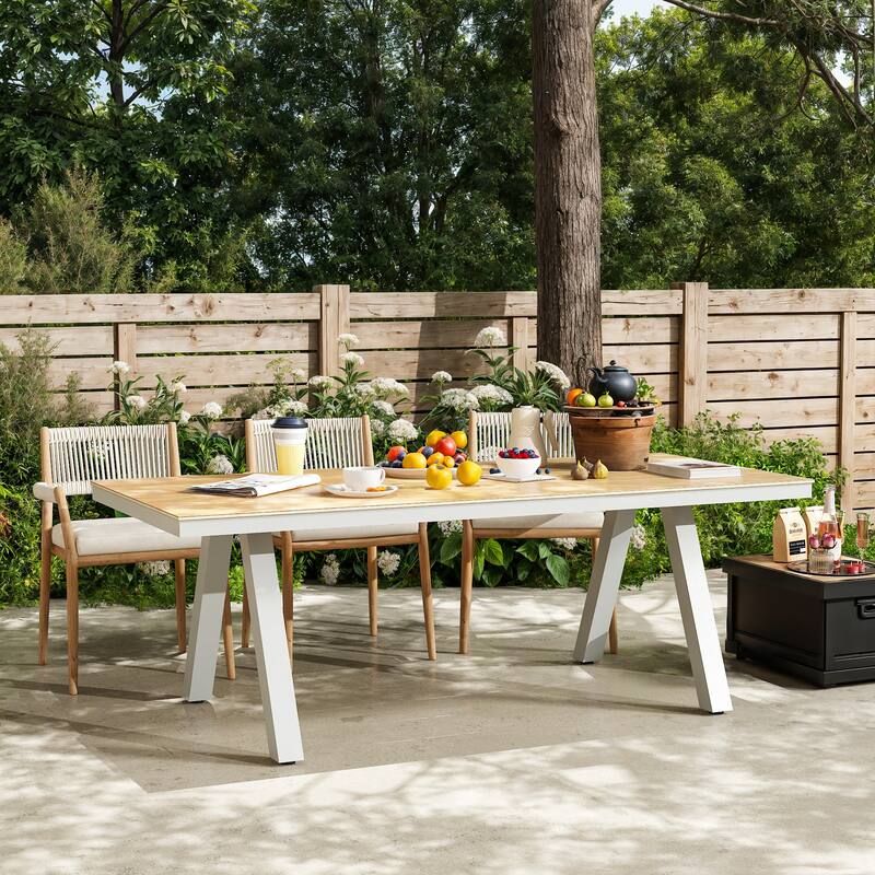 Outdoor Dining Table with Wood Grain Top and Gray Legs Weather-Resistant Patio Table
