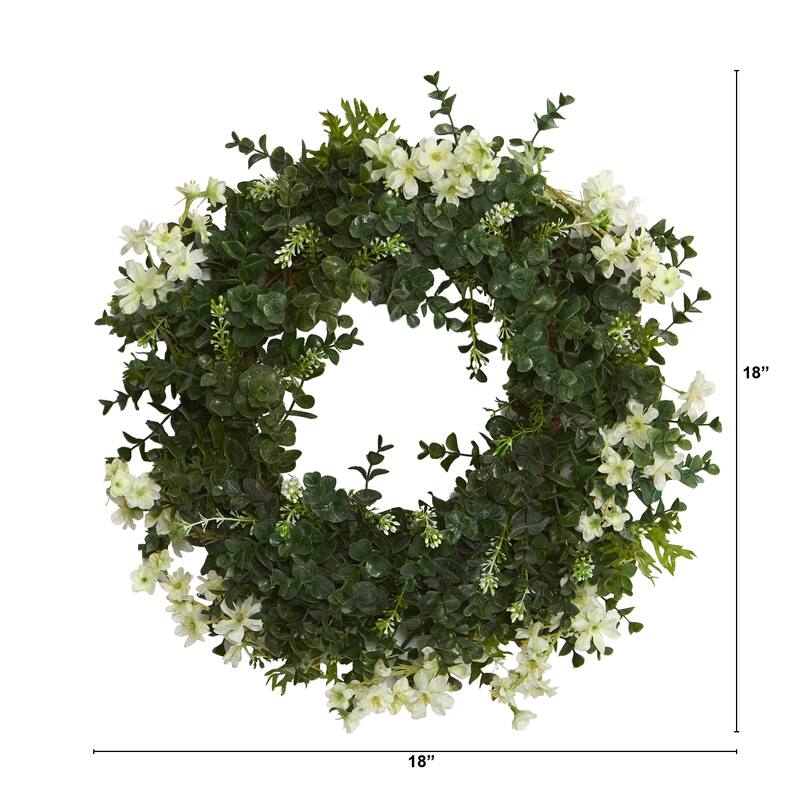 Green Eucalyptus and Daisy Twig Spring Floral Wreath, 18-Inch, Unlit