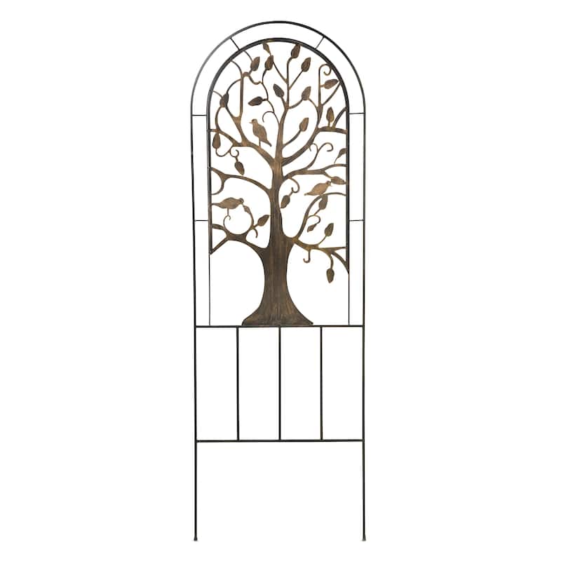 Metal Arched Garden Trellis with Tree of Life Design - Antique Copper