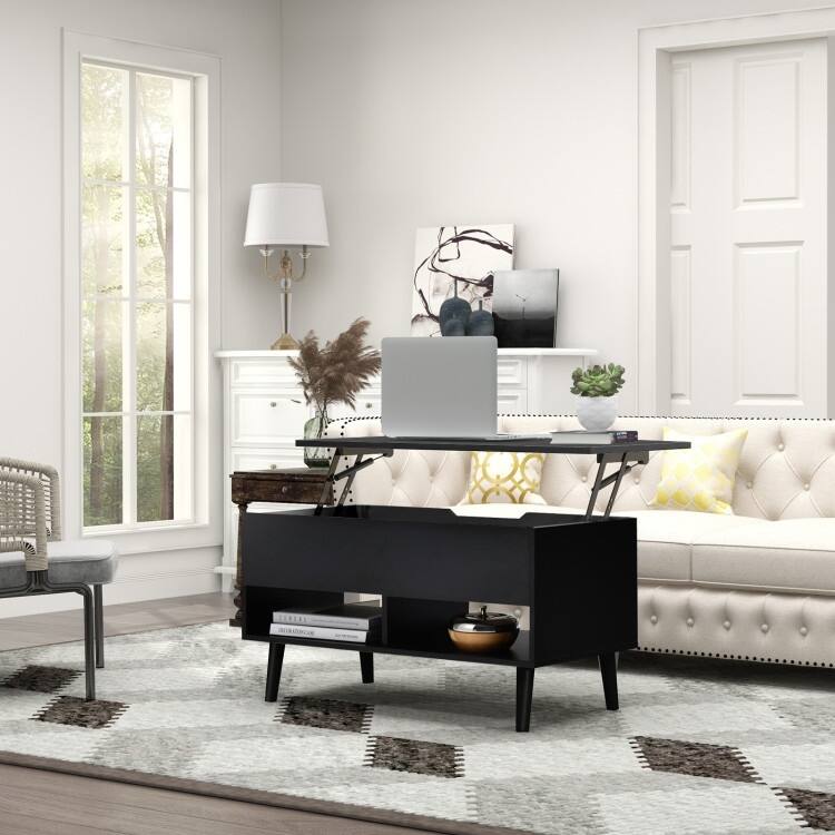 31.5 Inch Lift Top Coffee Table with Hidden Compartment and 2 Storage Shelves - 31.5" x 15.5" x 17.5" (L x W x H)