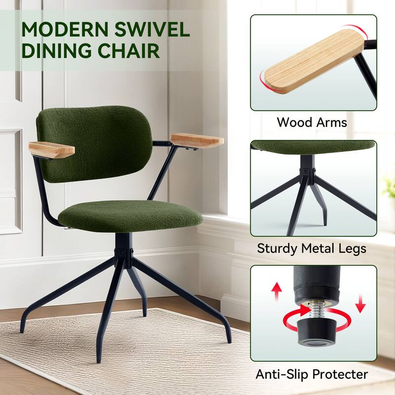 Modern Upholstered Swivel Chair With Solid Wood Arms And Metal Frame