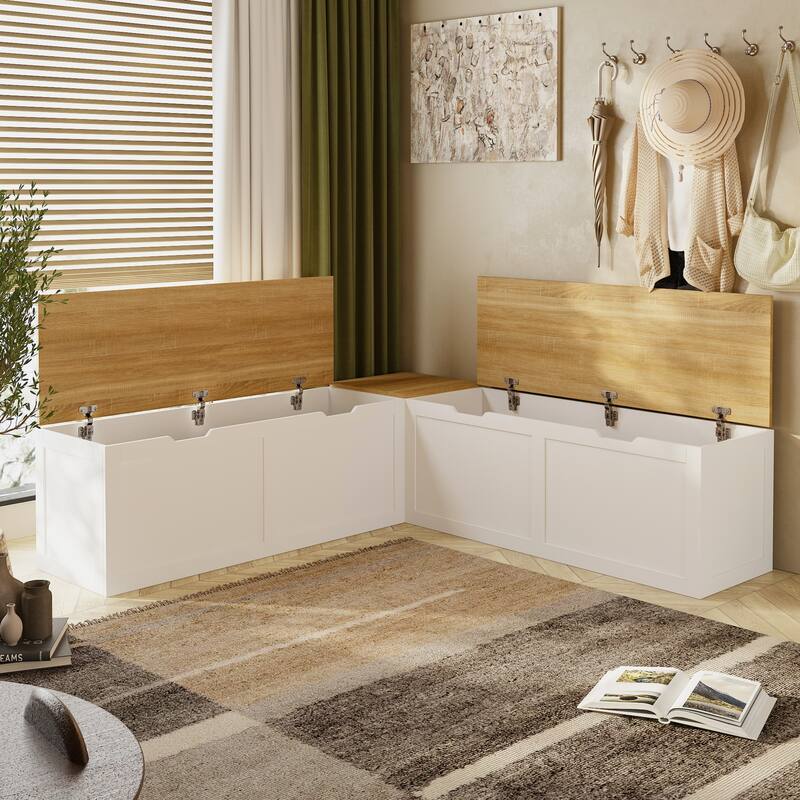 Corner Entryway Bench w/Hidden Storage White Oak Finish Shoe Cabinet