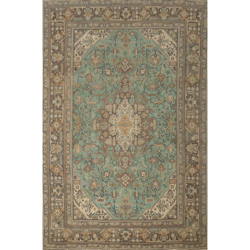 Hand Knotted Oriental 100% Wool Carpet Traditional Medallion Green Tabriz Area Rug - 11' 1'' X 7' 10''