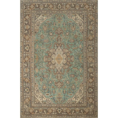Hand Knotted Oriental 100% Wool Carpet Traditional Medallion Green Tabriz Area Rug - 11' 1'' X 7' 10''