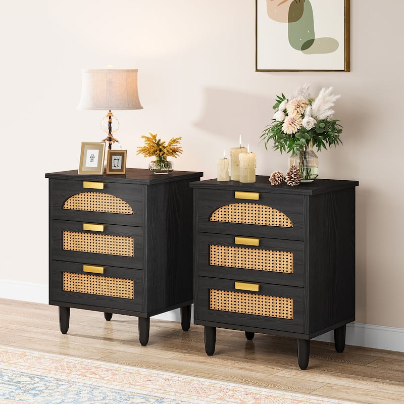 Wood and Rattan 3-drawer Nightstand Bedside Table (Set of 2）