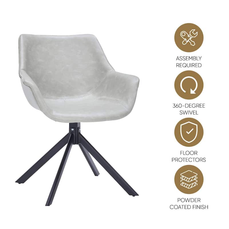Markley Modern Swivel Dining Chair with Distressed Leather Upholstery, Ergonomic Back, and Black Metal Legs for Home or Office