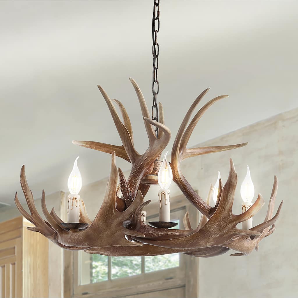 Apollo 28.5" Adjustable Resin Antler 6-Light Chandelier, Brown by JONATHAN Y