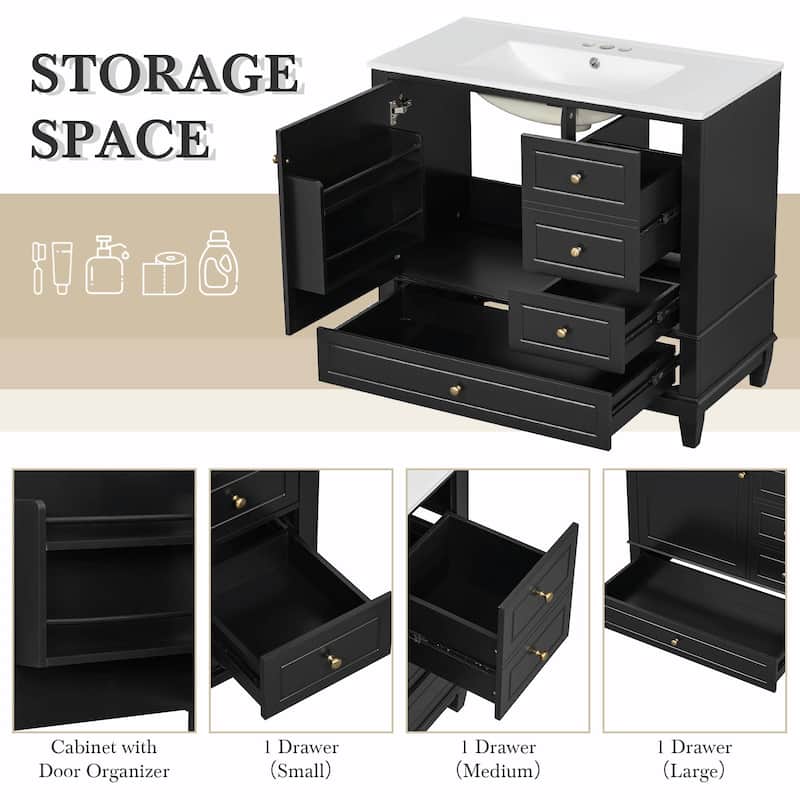 36" Bathroom Vanity with Ceramic Sink, MDF & Solid Wood Base, 3 Drawers and Cabinet with Shelves