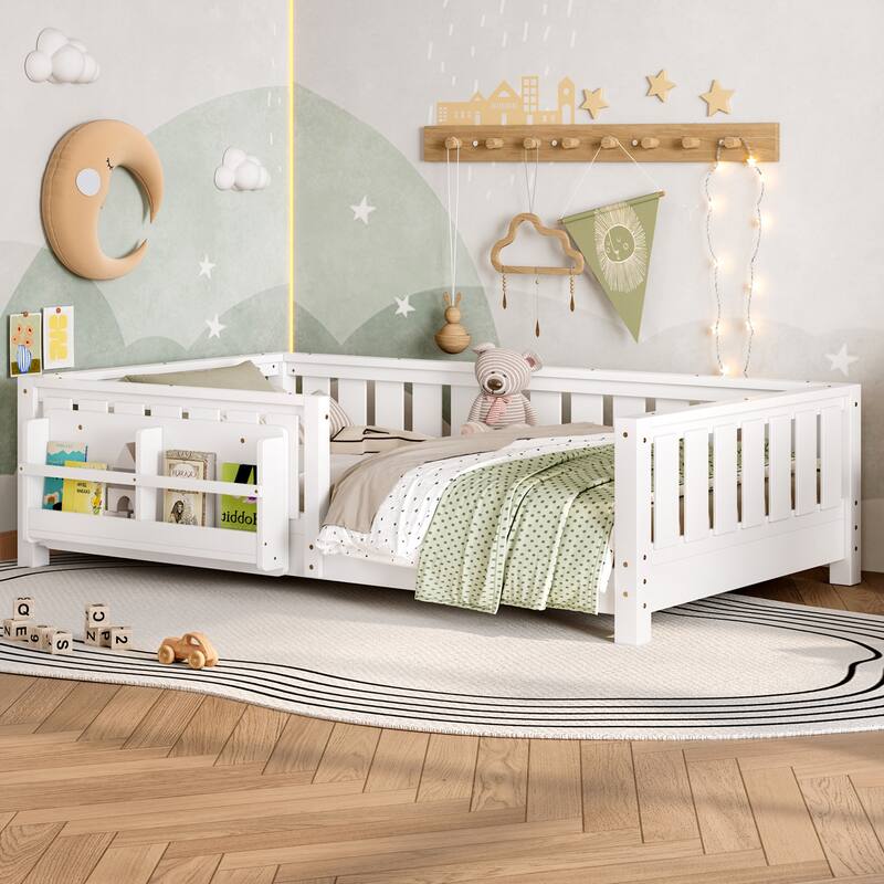 Montessori Floor Bed Low Profile Kids Bed with Rails & Bookshelf