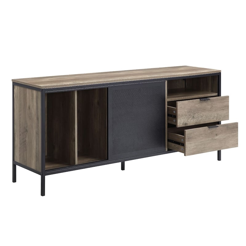 2 Drawers and 5 Open Compartments TV Stand in Rustic Oak and Black Finish