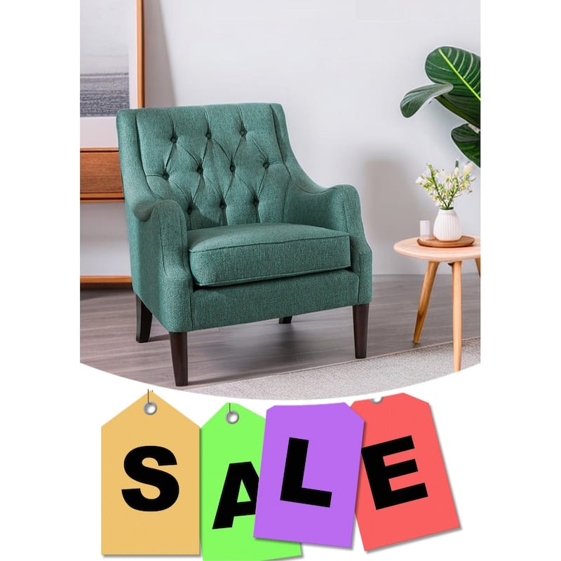 Accent Chair for Bedroom Living Room Chairs Tufted Upholstered Lounge Chair with Wood Legs Linen Fabric
