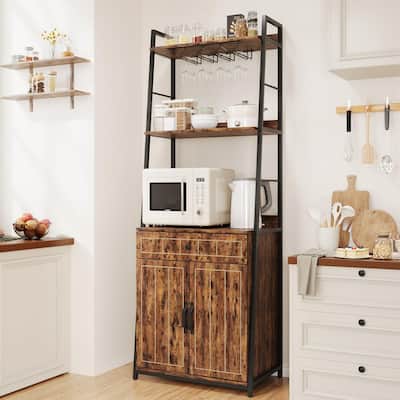 3 Tiers Bakers Racks for Kitchens, Wood+Metal Freestanding Bakers Rack with Cabinet