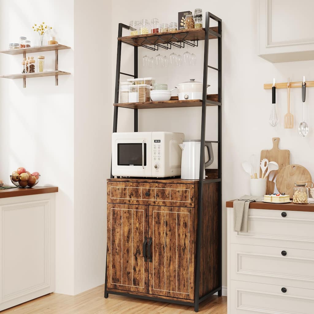 3 Tiers Bakers Racks for Kitchens, Wood+Metal Freestanding Bakers Rack with Cabinet