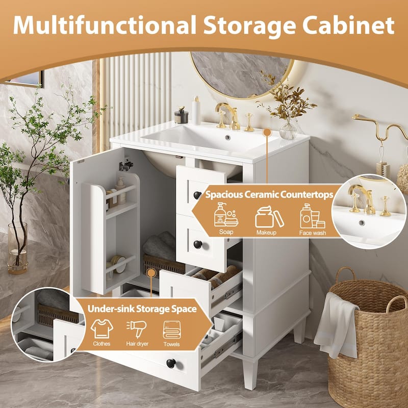 24" Bathroom Vanity with Integrated Ceramic Sink, Soft-Close Drawers and Door, Cabinet with Door Storage Rack