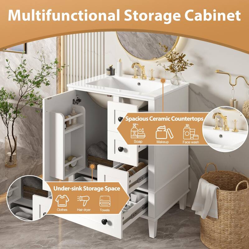 24-Inch Bathroom Vanity With An Integrated Ceramic Basin, Featuring A Door-Mounted Double-Layer Shelf, Soft-Close Drawers