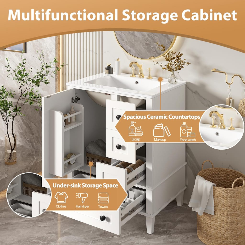 24 Inch Single Sink Bathroom Vanity, Integrated Ceramic Basin Bathroom Storage Cabinet