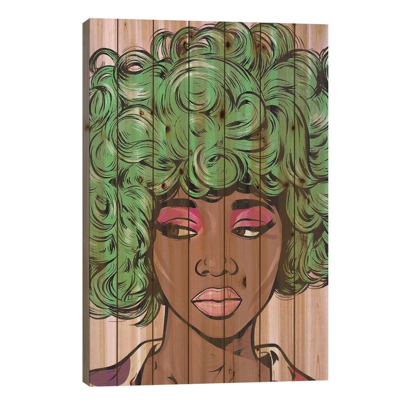Green Kawaii Comic Girl Print On Wood by Allyson Gutchell - Multi-Color - 26x18x1.5