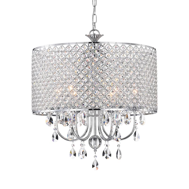 Round Beaded Drum Chandelier with Hanging Crystals - 22" - Chrome