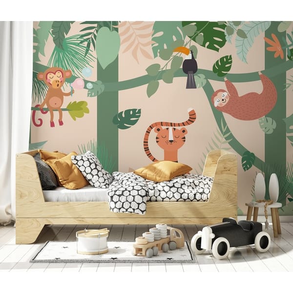slide 2 of 3, Tropical Jungle Animals Trees and Plants Removable Textile Wallpaper