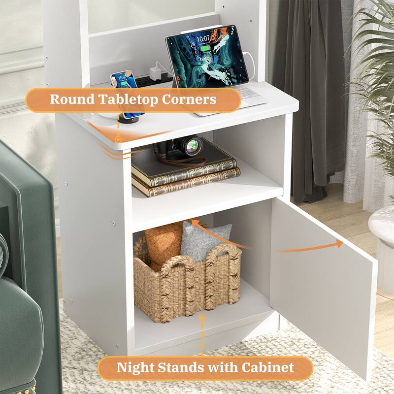 47" Nightstand with Charging Station and LED Lights,Industrial Bedside End Side Table with Adjustable Bookshelf Storage Cabinet