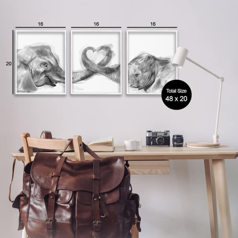 Stupell Elephant Trunk Heart Jungle Animal Illustration, 3pc Multi Piece Framed Wall Art Set