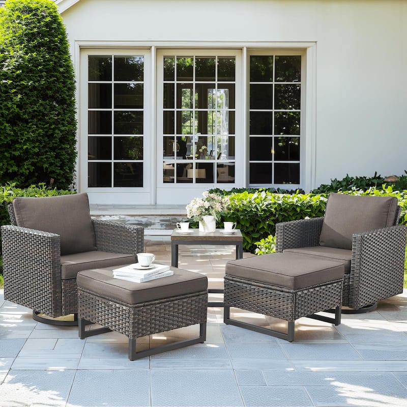 5 Pieces Pocassy Glider Chairs Ottomans with Side Table - Brown Wicker - Gray cushion