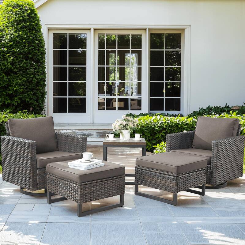 Pocassy Patio Swivel Chair with Soft Cushion - Brown Wicker Grey Cushion - 5PCS Swivel Chairs with Ottoman