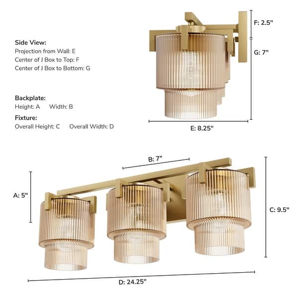 dimension image slide 0 of 2, Hunter + Jasmine Roth Ontario Ribbed Glass 3-Light Bathroom Vanity Wall Light - Modern Transitional - Damp Rated