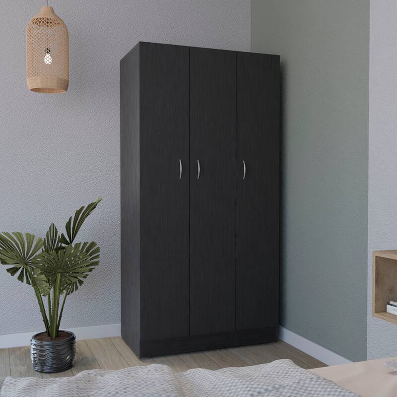 35.4" Modern Three-door Armoire with 2 Drawers and 4-Tier Shelves for Bedroom - Black