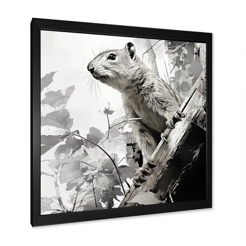Designart "Black White Squirrel Forest Acrobat I" Squirrel Wall Decor Grey Modern Entryway Framed Wall Art