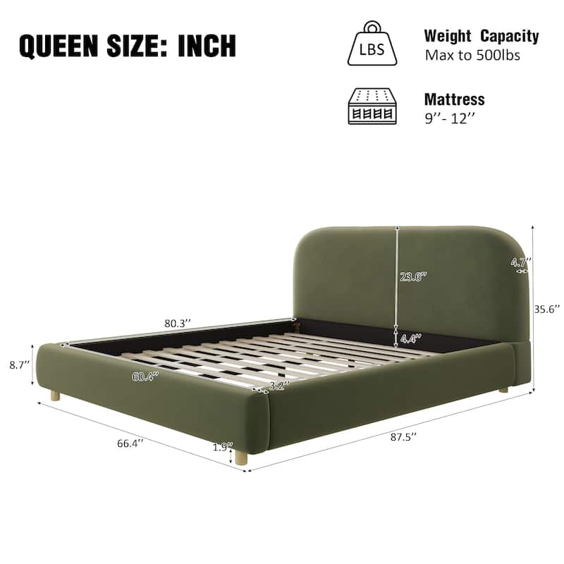 King/Queen Upholstered Platform Bed with Boucle or Velvet Fabric, Button Tufted Headboard
