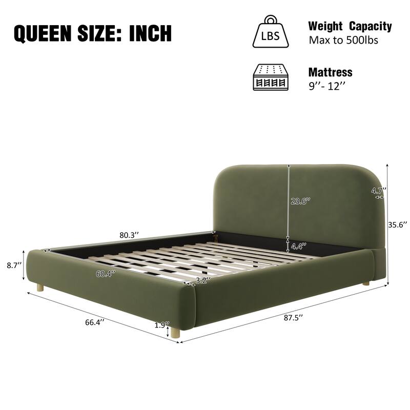 Queen Size Platform Bed with Velvet Fabric, Upholstered Bed with Curve Design Thick Headboard, Olive Green