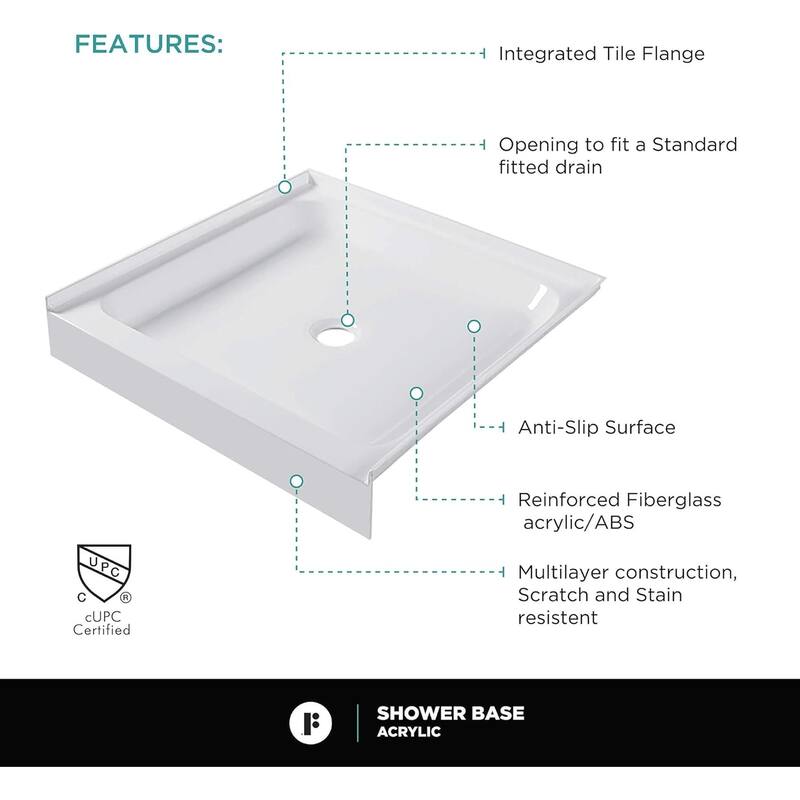 Frameless Clear Tempered Shower Glass Door with Shower Base Kit