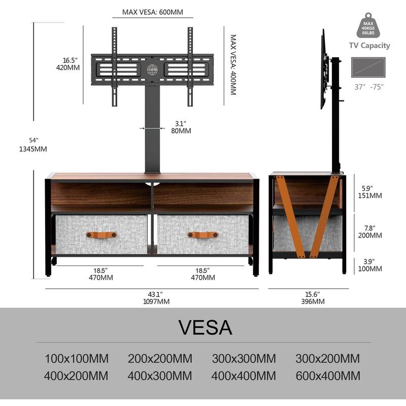 FITUEYES Wood TV Stand with Mount for 55-75 inch TVs Hold up to 88lbs, Swivel and Multi-functional with Foldable Drawers