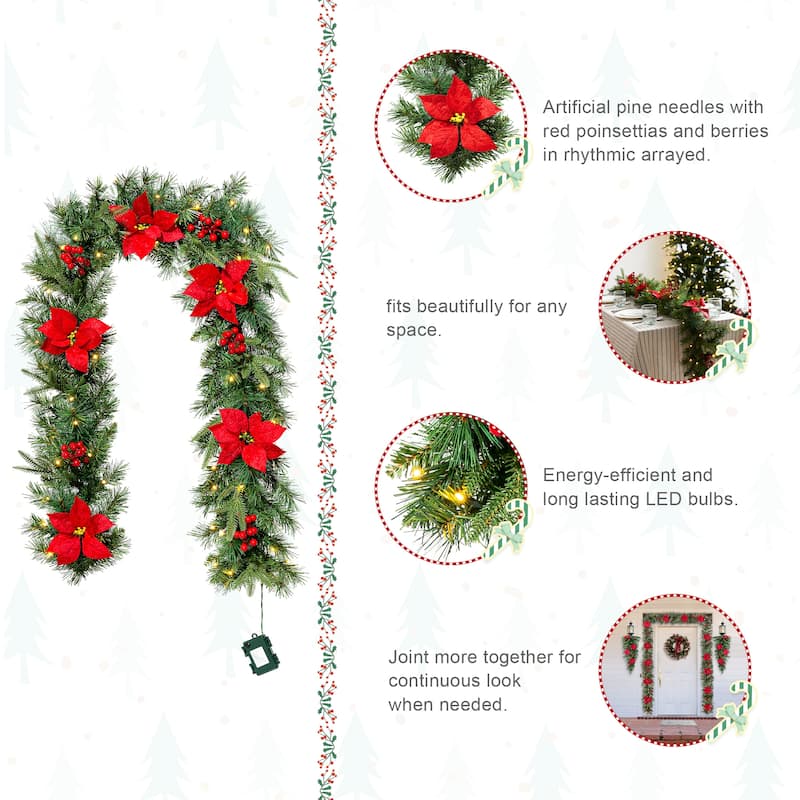 Glitzhome Set of 2/4 6ft Pre-Lit Flocked Greenery Pine White Poinsettia Christmas Garland