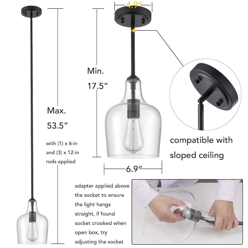 Rieti Modern Rod-Hung Pendant Light w/ Clear Glass Shade, 1-Light