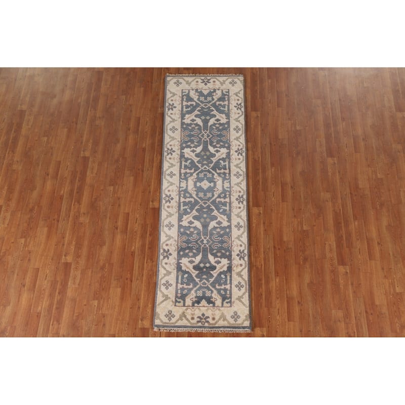 Blue Oushak Style Runner Rug Hand-knotted Wool Carpet - 2'6"x 8'0"