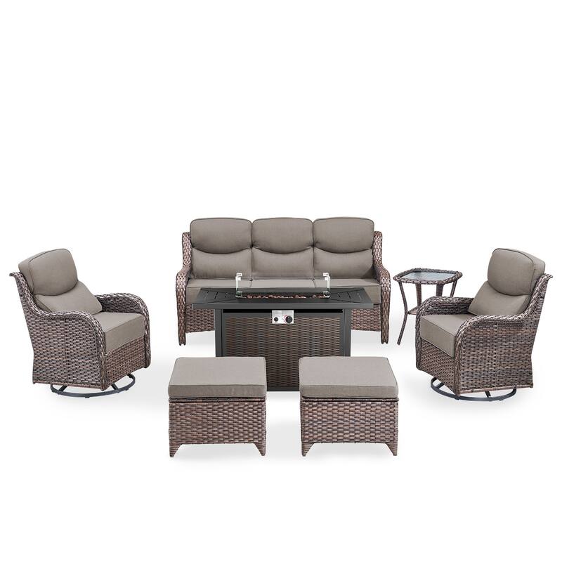 Gymojoy 7-Piece Wicker Patio Furniture Sofa Set with Fire Pit Table, 6-Inch Thick Cushion Swivel Glider Chairs & Ottomans