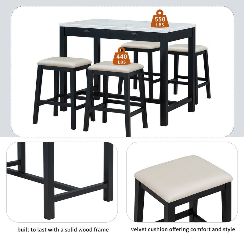 Modern Faux Marble Bar Table Set with Storage & Stools