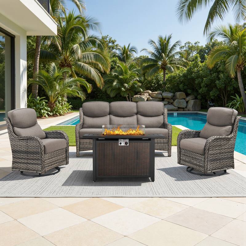 Meyreso 4-Piece Outdoor Patio Metal Fire Pit Wicker Conversation Set with 5-Inch Thick Olefin Cushions