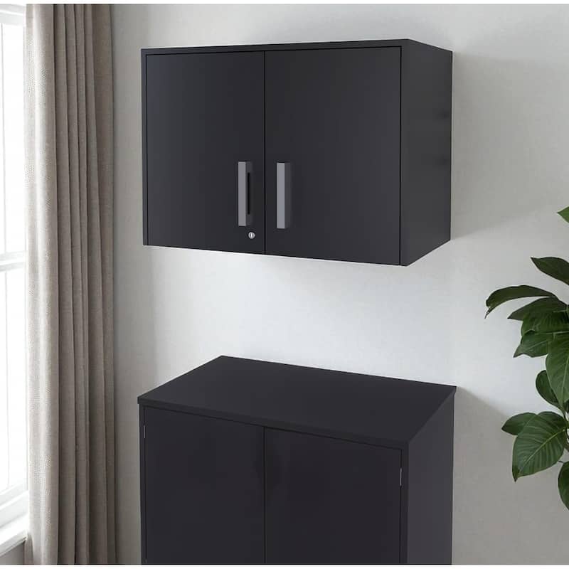 HomeRoots 20" Black Wood Wall Mounted Storage Cabinet With Two Doors - Black