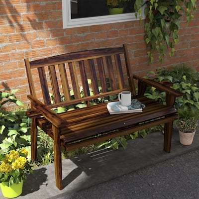Outsunny Wood Outdoor Bench, 2-Person Garden Bench with Cupholder Armrests, Slatted Seat and Backrest