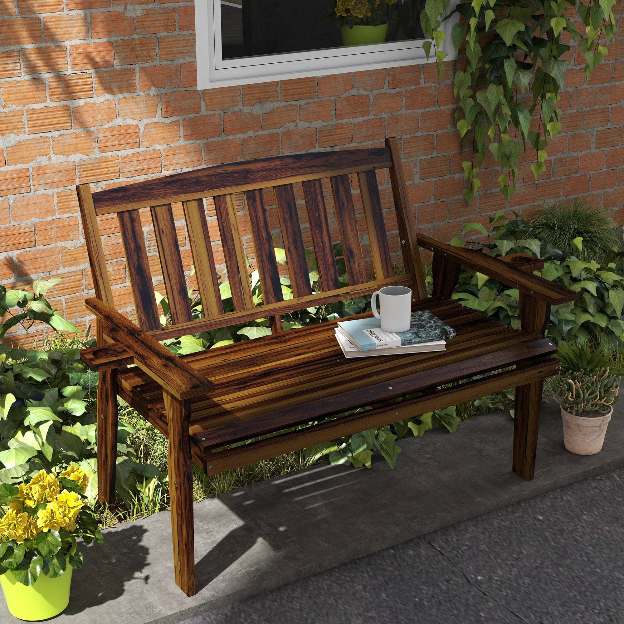 Outsunny Wood Outdoor Bench with Cupholder Armrests, Slatted Seat