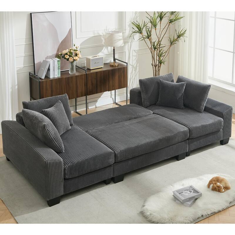 U Shaped Sofa Convertible Pull Out Sleeper Sofa Bed, 2 in 1 Recliner Sectional Couch, Corduroy Upholstery Daybed with Pillow