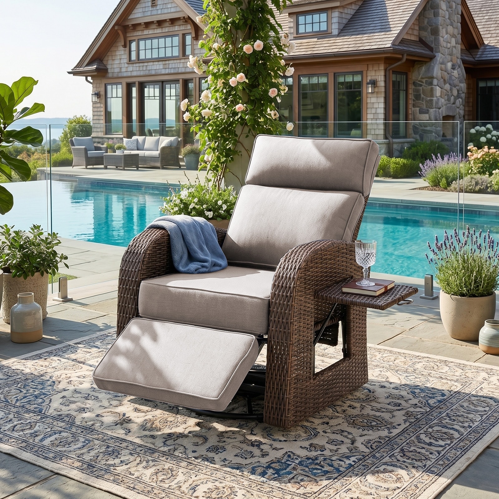Pocassy 5 Inch Outdoor Patio Swivel Reclining Lounge Chairs with Flip-up Table with Adjustable Backrest
