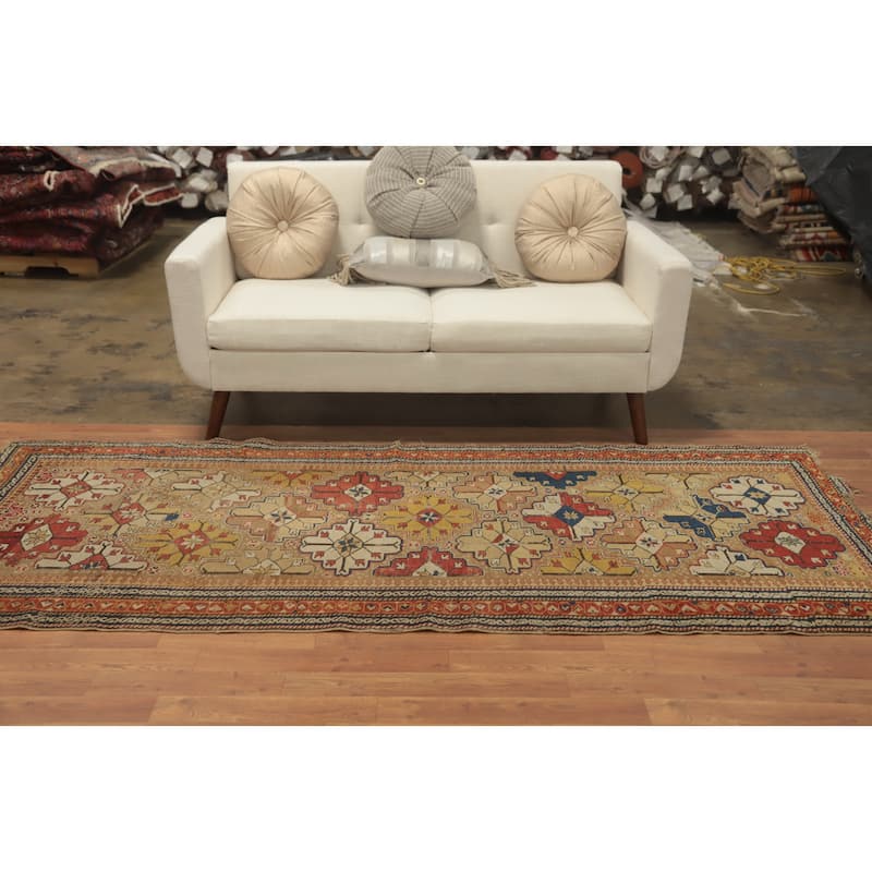 Hand Knotted Oriental 100% Wool Carpet Traditional Geometric Brown Heriz Runner Rug - 8' 6'' X 3' 7''